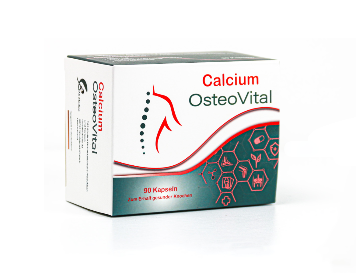Vitamin D und Calcium in Calcium Osteovital, mit Calziumcarbonat CaCO3 einem Nahrungsergänzungsmittel von YAS Medica, angereichert mit Vitamin D, Vitamin D3 (Colecalciferol) und Calcium aus Kalziumkarbonat zur Unterstützung der Knochengesundheit. Zur Erhaltung gesunder Knochen