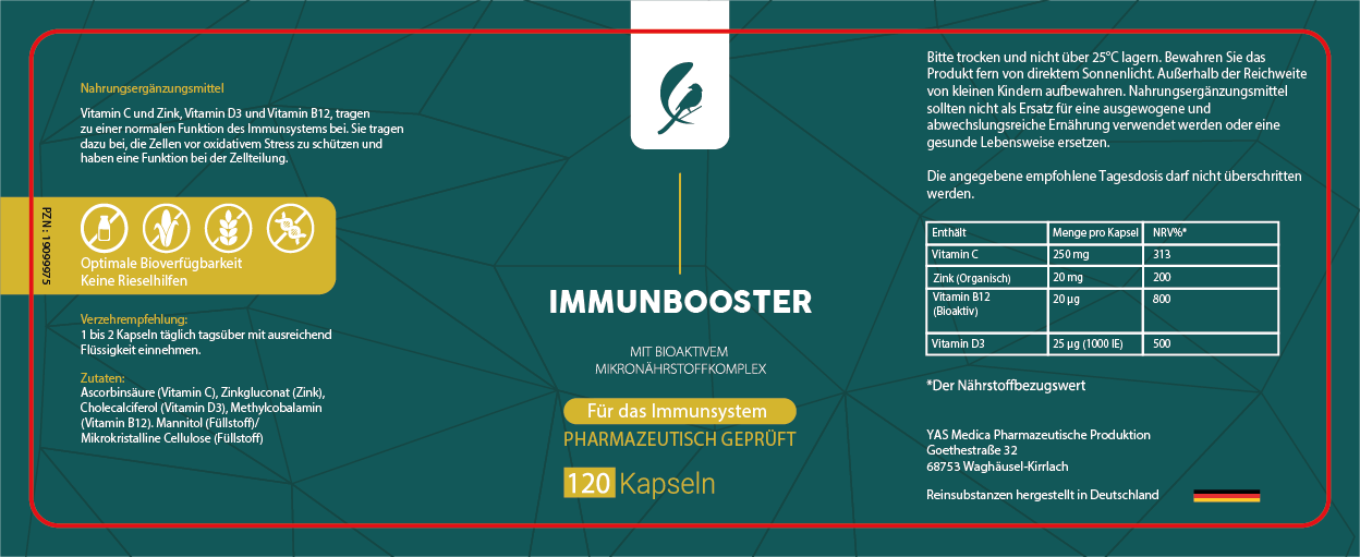Immunbooster Beschreibung, Etikett mit Inhaltsstoffen und Eigenschaften. EIn Nahrungsergänzungsmittel für ein gesundes Immunsystem mit bioaktivem Vitaminen und organischem Zink, ohne Zusätze besteht aus 100% Reinsubstanzen