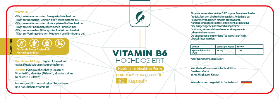 Vitamin B6 Kapseln, vegan, bioaktiv und hochdosiert. hergestellt in Deutschland, große Packungsgröße, vegan Kapseln. Etikett mit Beschreibung der Inhaltsstoffe, pharmazeutisch geprüftes Nahrungsergänzungsmittel für die Erhaltung gesunder Nerven, für eine gesunde Psyche, Vitamin B6 für die Blutbildung und für ein gesundes Immunsystem. gegen Nervenprobleme wie Nervenschmerzen, vegan nd bioaktiv als Pyridoxalphosphat (PLP)