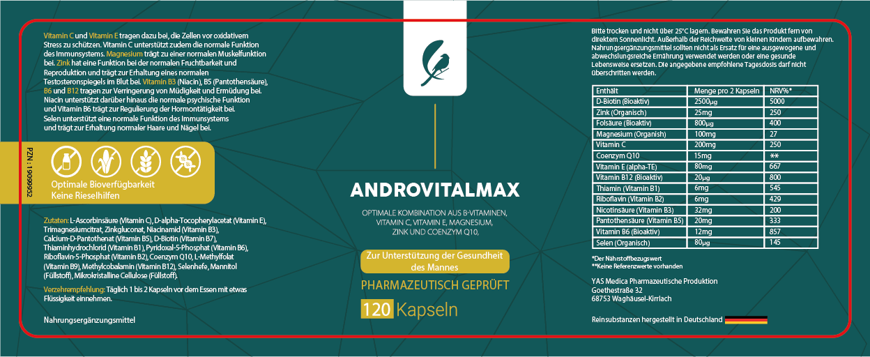 Inhaltsstoffe für den Mann, für Mannsgesundheit, für mehr Energie. Produktetikett mit Inhaltsstoffen, antioxidative Wirkung, enthält alle B-Vitamine in bioaktiver Form, Magnesium, Vitamin C, Zink, Selen aus Selenhefe, Coenzym Q10 und Ubichinon. Für die Energie und Gesundheit des Mannes. Veganes Produkt ohne Zusätze. mit Magnesium aus magnesiumcitrat