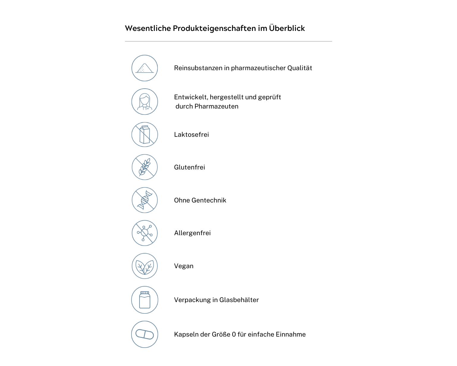 Produkteigenschaften Magnesiumcitrat: besteht aus 100% Reinsubstanz, hergestellt durch Apotheker, laktosefrei, glutenfrei, Ohne Gentechnik, Allergenfrei, vegan, in Glasbehlter verpackt, umwelltfreundlich, kleine Kapseln für einfache Einnahme