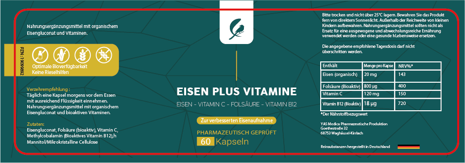 Veganes Nahrungsergänzungsmittel mit Eisen, Vitamin B12, Vitamin C und Folsäure zur Unterstützung der normalen Blutbildung und zur Deckung des täglichen Eisenbedarfs. Enthält organisches Eisen aus Eisengluconat, hergestellt aus Reinsubstanzen nach clean label Prinzipien. Hochdosiertes Eisenpräparat, vegan, laktosefrei, glutenfrei und ohne Gentechnik. Hergestellt in Deutschland und wissenschaftlich geprüft. Ideal für vegane und vegetarische Ernährung.