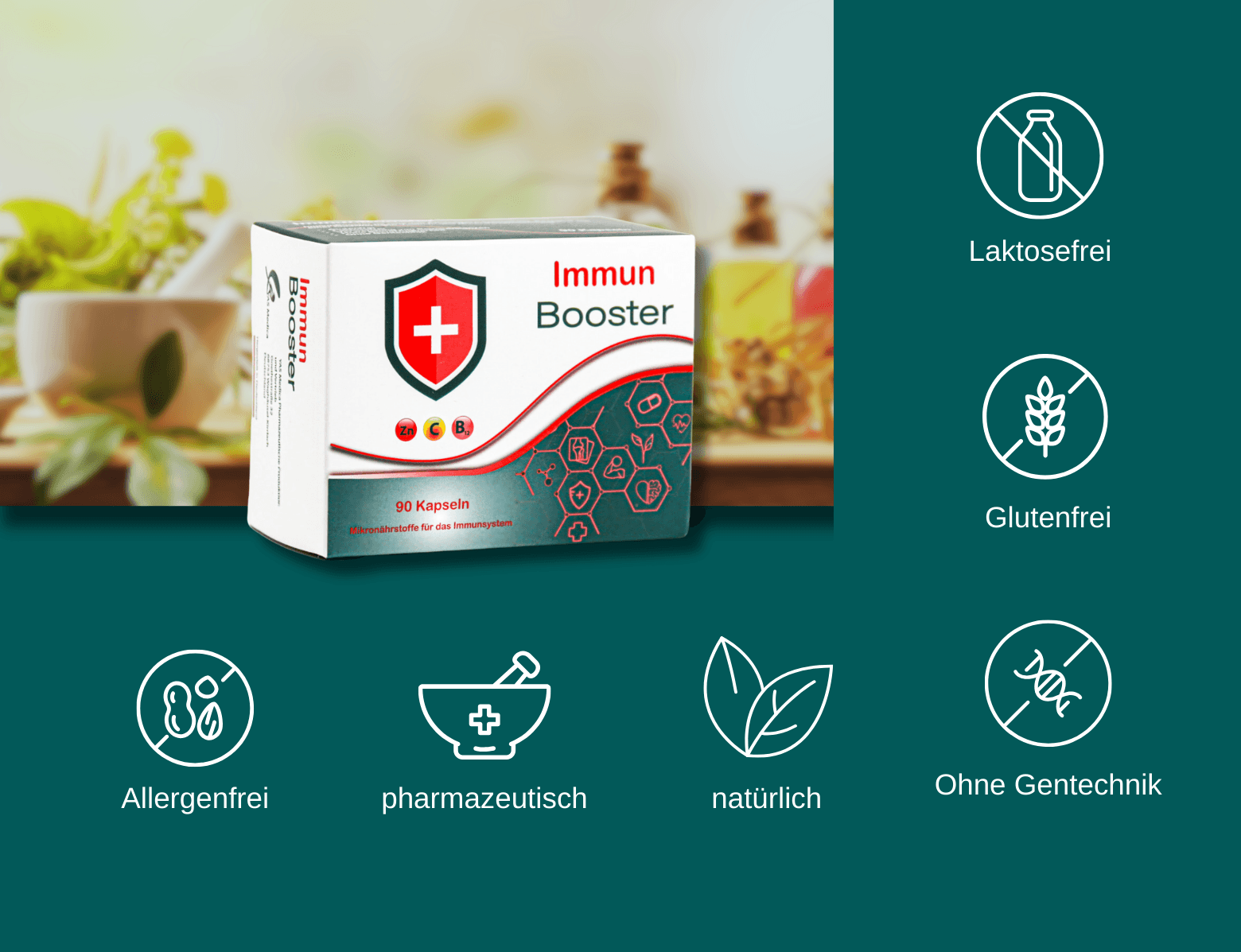 ImmunBooster ist ein Nahrungsergänzungsmittel mit Vitamin B12, Vitamin C und Zink. Bioaktive Vitamine organisches Zink für eine optimale Bioverfügbarkeit und Wirkung. ImmunBooster ist ein laktosefrei, glutenfrei, aus natürlichen Stoffe, pharmazeutisch und wissenschaftlich geprüft, Allergenfrei und ohne Gentechnik. Das Produkt ist ein Immun Booster und boostet die Abwehrkräfte im Falle einer Infektion