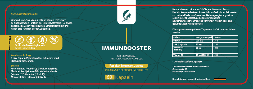 Immunbooster Nahrungsergänzungsmittel für ein gesundes Immunsystem für die Erkältungszeit um das Immunsystem zu stärken mit bioaktiven Vitaminen und organischem Zinkgluconat, hergestellt in Deutschland, vegan und ohne Zusätze, bestehl aus Reinsubstanzen