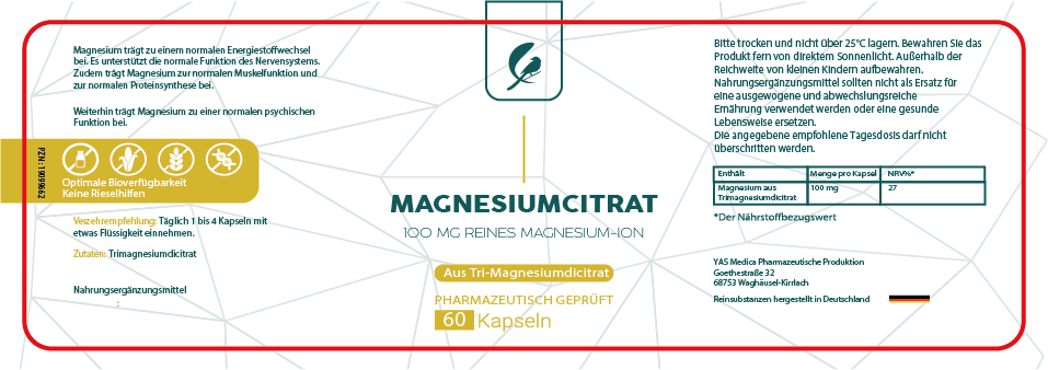 Magnesiumcitrat Produktetikett mit 60 vegane Kapseln, bio Produkt, laktosefrei, glutenfrei, hergestellt in Deutschland, hochdosiert mit 100mg reinem Magnesiumcitrat