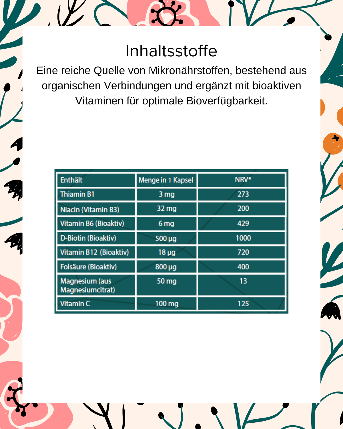 Inhaltsstoffe von Mental OmniBalance mit bioaktiven B-Vitaminen, Vitamin C und Magnesiumcitrat für eine gesunde Psyche gegen inneres Zittern und psychische Störung um eine mentale Balance zu erreichen. Bioaktives B12 für eine gesunde Psyche und gegen inneres Zittern, mit Magnesium und für ein besserer Schlaf