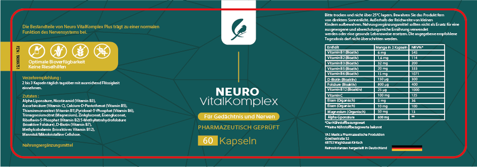 Deutsche Neuro Kapseln gegen Nervenschmerzen, gegen Polyneuropathie mit hochdosierten Vitamin B12 bioaktiv gegen Polyneuropathie, hochwertiges Nahrungsergänzungsmittel  mit Vitamin B1 gegen Nervenschmerzen, Vitamin B6 und Vitamin B12 gegen Nervenschmerzen wie Kribbeln, Brennen in den Füßen und Händen als Bioaktive Vitamine gegen Nervenschmerzen, beste Nahrungsergänzungsmittel gegen Nervenschmerzen