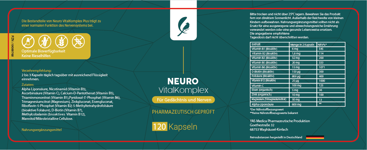 Deutsche Neuro Kapseln Nahrunsgergänzungsmittel gegen Nervenschmerzen mit Neuro VitalKomplex, vegan, hochdosiert und bioaktiv, bestes Nahrungsergänzungsmittel mit Vitamin B6 hochdosiert gegen Nervenschmerzen, Vitamin B12 hochdosiert bioaktiv gegen Polyneuropathie. Mit Allen B Vitaminen, Magnesium, Vitamin C, Zink, Eisen, Alpha Liponsäure, bioaktiv