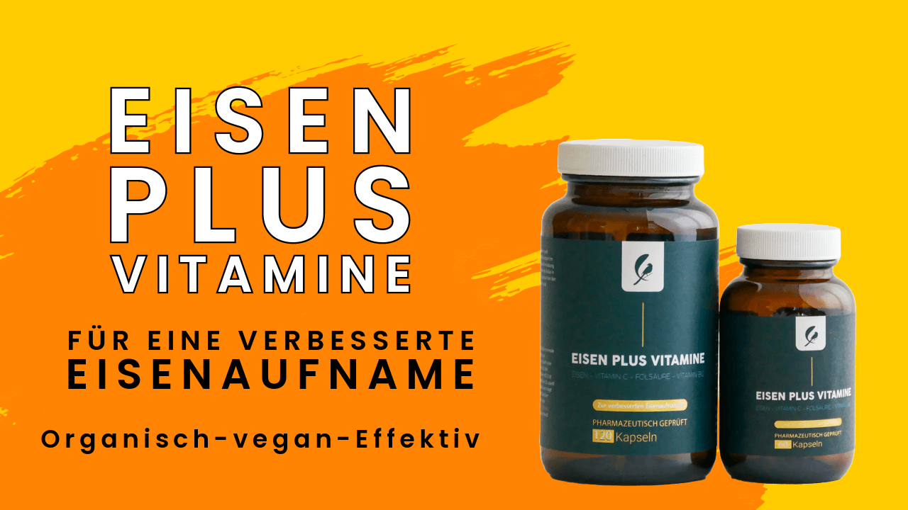 Eisen Plus Vitamine, Eisen Plus Vitamin C, EIsen plus Vitamin B12, Eisen Plus Folsäure, vegan und Bioaktiv. Bestes Nahrunsgergänzungsmittel, bestes Eisenpräparat bei Einsenmangel, beste vegane Nahrungsergänzung. organisches Eisen, vegan und wirkungsvoll. Für eine verbesserte Eisenaufnahme, für eine effektive Eisenaufnahme. 